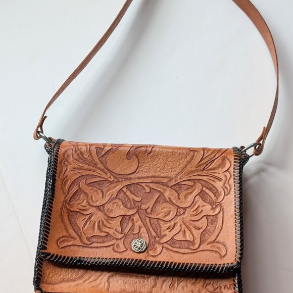 Vintage Hand Tooled Leather Purse Crossbody Shoulder Bag W/ Lily Flower & Fairy - Picture 11 of 14